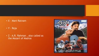• X – Mani Ratnam
• Y – Roja
• Z – A.R. Rahman , also called as
the Mozart of Madras
 