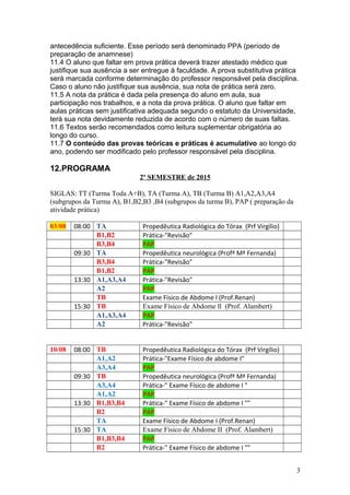 antecedência suficiente. Esse período será denominado PPA (período de
preparação de anamnese)
11.4 O aluno que faltar em prova prática deverá trazer atestado médico que
justifique sua ausência a ser entregue à faculdade. A prova substitutiva prática
será marcada conforme determinação do professor responsável pela disciplina.
Caso o aluno não justifique sua ausência, sua nota de prática será zero.
11.5 A nota da prática é dada pela presença do aluno em aula, sua
participação nos trabalhos, e a nota da prova prática. O aluno que faltar em
aulas práticas sem justificativa adequada segundo o estatuto da Universidade,
terá sua nota devidamente reduzida de acordo com o número de suas faltas.
11.6 Textos serão recomendados como leitura suplementar obrigatória ao
longo do curso.
11.7 O conteúdo das provas teóricas e práticas é acumulativo ao longo do
ano, podendo ser modificado pelo professor responsável pela disciplina.
12.PROGRAMA
2º SEMESTRE de 2015
SIGLAS: TT (Turma Toda A+B), TA (Turma A), TB (Turma B) A1,A2,A3,A4
(subgrupos da Turma A), B1,B2,B3 ,B4 (subgrupos da turma B), PAP ( preparação da
atividade prática)
03/08 08:00 TA Propedêutica Radiológica do Tórax (Prf Virgílio)
B1,B2 Prática-"Revisão"
B3,B4 PAP
09:30 TA Propedêutica neurológica (Profª Mª Fernanda)
B3,B4 Prática-"Revisão"
B1,B2 PAP
13:30 A1,A3,A4 Prática-"Revisão"
A2 PAP
TB Exame Físico de Abdome l (Prof.Renan)
15:30 TB Exame Físico de Abdome ll (Prof. Alambert)
A1,A3,A4 PAP
A2 Prática-"Revisão"
10/08 08:00 TB Propedêutica Radiológica do Tórax (Prf Virgílio)
A1,A2 Prática-"Exame Físico de abdome I"
A3,A4 PAP
09:30 TB Propedêutica neurológica (Profª Mª Fernanda)
A3,A4 Prática-" Exame Físico de abdome I "
A1,A2 PAP
13:30 B1,B3,B4 Prática-" Exame Físico de abdome I ""
B2 PAP
TA Exame Físico de Abdome I (Prof.Renan)
15:30 TA Exame Físico de Abdome II (Prof. Alambert)
B1,B3,B4 PAP
B2 Prática-" Exame Físico de abdome I ""
3
 
