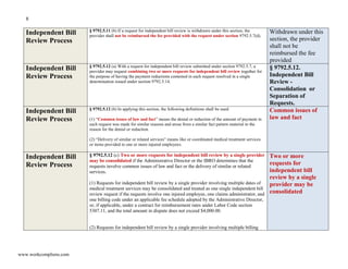8
www.workcompliens.com
Independent Bill
Review Process
§ 9792.5.11 (b) If a request for independent bill review is withdrawn under this section, the
provider shall not be reimbursed the fee provided with the request under section 9792.5.7(d).
Withdrawn under this
section, the provider
shall not be
reimbursed the fee
provided
Independent Bill
Review Process
§ 9792.5.12 (a) With a request for independent bill review submitted under section 9792.5.7, a
provider may request combining two or more requests for independent bill review together for
the purpose of having the payment reductions contested in each request resolved in a single
determination issued under section 9792.5.14.
§ 9792.5.12.
Independent Bill
Review -
Consolidation or
Separation of
Requests.
Independent Bill
Review Process
§ 9792.5.12 (b) In applying this section, the following definitions shall be used:
(1) “Common issues of law and fact” means the denial or reduction of the amount of payment in
each request was made for similar reasons and arose from a similar fact pattern material to the
reason for the denial or reduction.
(2) “Delivery of similar or related services” means like or coordinated medical treatment services
or items provided to one or more injured employees.
Common issues of
law and fact
Independent Bill
Review Process
§ 9792.5.12 (c) Two or more requests for independent bill review by a single provider
may be consolidated if the Administrative Director or the IBRO determines that the
requests involve common issues of law and fact or the delivery of similar or related
services.
(1) Requests for independent bill review by a single provider involving multiple dates of
medical treatment services may be consolidated and treated as one single independent bill
review request if the requests involve one injured employee, one claims administrator, and
one billing code under an applicable fee schedule adopted by the Administrative Director,
or, if applicable, under a contract for reimbursement rates under Labor Code section
5307.11, and the total amount in dispute does not exceed $4,000.00.
(2) Requests for independent bill review by a single provider involving multiple billing
Two or more
requests for
independent bill
review by a single
provider may be
consolidated
 