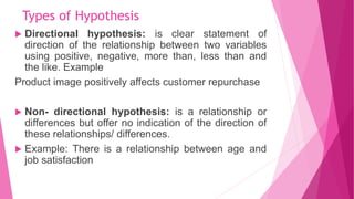 Types of Hypothesis
 Directional hypothesis: is clear statement of
direction of the relationship between two variables
us...