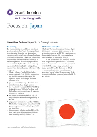 Focus on: Japan

International Business Report 2012 – Economy focus series

The economy                                                            The business perspective
The eurozone debt crisis is adding to uncertainty                      The Grant Thornton International Business Report
globally at a time when Asia is showing significant                    (IBR) surveys more than 12,000 businesses in 40
signs of slowing . Japan has long depended on                          economies around the world. This report focuses on
emerging Asia for growth, given the moribund state                     businesses in Japan and their expectations for the
of the domestic economy. Luckily, the US is proving                    next 12 months, as illustrated in figure 1.
resilient and its performance will be important in                         The IBR survey tells us that businesses in Japan
determining whether the economy tips back into                         were less pessimistic optimistic in Q2-2012 about
recession. The trade deficit has widened as energy                     their economy over the next 12 months, compared
imports soar following the 2011 earthquake and                         with the 2011 average. Hiring expectations have
tsunami whilst depressed demand in Europe weighs                       ticked upwards from 2011 but a lack of skilled
on exports.                                                            workers remains a concern for businesses. A
    The key indicators1 are highlighted below:                         shortage of orders/reduced demand remains the key
• output expanded 1% in Q1-2012 compared to                            constraint on business growth in Japan at double the
    the previous three months following the                            G7 average.
    upwardly revised flat reading in the fourth
    quarter of 2012
• year-on-year GDP was up 4.1% and has risen
    annually now in three straight quarters
• the trade deficit widened to ¥907bn (US$12bn)
    in May 2012, from ¥522bn in April, the third
    highest level since records began; the trade gap
    with the EU was ¥11bn
• the current-account surplus fell by 62.6% in
    May comapared with 12 months previously, to
    ¥215bn
• employment contracted by a further 100,000 in
    May but the unemployment rate declined by 0.2
    percentage point to 4.4% as 200,000 people left
    the labour force
• Consumer price inflation eased to 0.2% in May
    from 0.5% in the previous month; excluding
    food and energy, inflation fell to -0.6%.




1
    source: International Monetary Fund, The Economist and Experian.
 