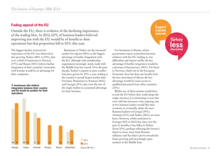 The future of Europe 12
The biggest decline in perceived
importance of the EU was observed in
fast-growing Turkey (88% to 63%). Just
over a third of businesses in Norway
(37%) and Russia (36%) believe further
integration of their countries’ economies
with Europe would be an advantage for
their companies.
Businesses in Turkey see the increased
market for exports (56%) as the biggest
advantage of further integration with
the EU, although with membership
negotiations seemingly stuck, trade with
the Middle East has soared. Over the past
decade, Turkey’s exports to post-conﬂict
Iraq have grown by 25% a year, making it
the country’s second largest market after
Germany. Businesses in Armenia (46%)
and Georgia (32%) also view the size of
the single market as a potential advantage
for their business.
The future of Europe: IBR 2013
For businesses in Russia, whose
government enjoys somewhat fractious
relations with the EU, leading to visa
difﬁculties and import tariffs, the key
advantage of further integration would be
a decrease in bureaucracy (38%). For those
in Norway, which sits in the European
Economic Area but does not beneﬁt from
the free movement of labour, the key
advantage would be easier access to
qualiﬁed personnel from other countries
(32%).
Whilst any of these nations would have
to join the EU before they could adopt the
single currency, it is interesting to note that
even with the eurozone crisis ongoing, one
in ﬁve business leaders would like their
economy to eventually adopt the euro.
Business leaders in Georgia (35%),
Armenia (31%) and Turkey (26%) are most
keen. However, whilst sentiment in
Georgia (18% in 2012) has risen over the
past 12 months, it has fallen in Turkey
(from 32%), perhaps reﬂecting the former’s
desire to move away from Russian
inﬂuence and the latter’s pivot towards the
faster-growing and increasingly open
markets of the Middle East.
% businesses who believe
integration between their country
and EU would be positive for their
operations
Georgia
68 79
Turkey
88 63
Armenia
61 51
Norway
– 37
Russia
– 36
Switzerland
24 28
Fading appeal of the EU
Outside the EU, there is evidence of the declining importance
of the trading bloc. In 2012, 62% of business leaders believed
improving ties with the EU would be of beneﬁt to their
operations but that proportion fell to 52% this year.
Export
market
appeals
Turkey
lessinterested
2012
2013
Source: IBR 2013
 