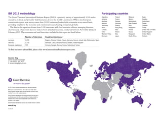 © 2013 Grant Thornton International Ltd. All rights reserved.
References to 'Grant Thornton' are to the brand under which
Grant Thornton member firms operate and refer to one or more
member firms, as the context requires.
Grant Thornton International Ltd and the member firms are not a
worldwide partnership. Services are delivered independently by
member firms, which are not responsible for the services or
activities of one another.
Grant Thornton International Ltd does not provide services to clients.
www.gti.org
CA1301-04
Argentina
Armenia
Australia
Belgium
Botswana
Brazil
Canada
Chile
Mainland China
Denmark
Finland
France
Georgia
Germany
Greece
Hong Kong
India
Ireland
Italy
Japan
Malaysia
Mexico
Netherlands
New Zealand
Peru
Philippines
Poland
Russia
Singapore
South Africa
Spain
Sweden
Switzerland
Taiwan
Thailand
Turkey
United Arab Emirates
United Kingdom
United States
Vietnam
Participating countriesIBR 2013 methodology
Number of interviews Countries interviewed
eurozone 1,250 Belgium, Estonia, Finland, France, Germany, Greece, Ireland, Italy, Netherlands, Spain
Other EU 1,150 Denmark, Latvia, Lithuania Poland, Sweden, United Kingdom
European neighbours 700 Armenia, Georgia, Norway, Russia, Switzerland, Turkey
The Grant Thornton International Business Report (IBR) is a quarterly survey of approximately 3,500 senior
executives in listed and privately-held businesses all over the world. Launched in 1992 in nine European
countries the report now surveys more than 13,000 businesses leaders in 44 economies on an annual basis,
providing insights on the economic and commercial issues affecting companies globally.
The data in this report are drawn from 3,100 interviews with chief executive ofﬁcers, managing directors,
chairmen and other senior decision-makers from all industry sectors, conducted between November 2012 and
February 2013. The economies and total interviews included in this report are listed below:
To ﬁnd out more about IBR, please visit: www.internationalbusinessreport.com.
Dominic King
Global research manager
T +44 (0)207 391 9537
E dominic.king@gti.gt.com
 