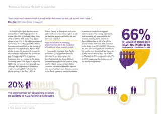 THE PROPORTION OF SENIOR ROLES HELD
BY WOMEN IN ASIA-PACIFIC ECONOMIES
20%
66% 4OF JAPANESE BUSINESSES O
A
A
HAVE NO WOMEN IN
THEIR SENIOR LEADERSHIP TEAMS
6 Women in business: the path to leadership
“Asian culture hasn’t matured enough to accept the fact that women can hold a job and also have a family.”
Ellen Teo | CEO | Union Energy in Singapore
In Asia-Pacific, there has been some
retrenchment with the proportion of
senior roles held by women falling from
25% in 2009 to 20% today. The figure
drops to just 13% in the region’s advanced
economies, driven by Japan (8%) which
has remained steadfastly at the bottom of
the table since 2004 despite Shinzo Abe’s
pledge to raise the number of women in
the workforce and reduce the gender pay
gap. A staggering 66% of Japanese
businesses have no women in the senior
leadership teams. The figure in Australia
(22%) has not moved from a decade ago,
although the proportion of businesses
with no women (28%) is below the
global average. Ellen Teo, CEO of
Union Energy in Singapore, says Asian
culture “hasn’t matured enough to accept
the fact that women can hold a job and
also have a family”.
Historically, emerging Asia-Pacific
economies (23%) perform better in
this area. In previous reports we
have highlighted the cheap childcare
infrastructure (specifically relatives living
nearby) that is more prevalent before
countries urbanise and families separate
into more ‘nuclear’ units that are common
in the West. However, mass urbanisation
is starting to erode these support
structures as well as raising aspirations
and increasing job opportunities for
women, meaning many choose to
have children later in life (if at all). In
China women now hold 25% of senior
roles, down from 32% in 2007. However,
we have also seen significant volatility in
the results over this period (the figure in
China rose to 39% in 2013 and to 45%
in Thailand in 2011, compared with 27%
in 2015) suggesting that businesses are
far from homogeneous2
.
Women in business: the path to leadership
Rapid urbanisation in emerging
economies has led to the breakdown
of traditional family support models.
2
Methodological note: c.40% of the respondents are repeat interviewees
 
