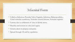 3.Genital Form
• Called as Infectious Pustular Vulvo-Vaginitis, Infectious Balanoposthitis, ,
Coital vesicular exanthema, Vesicular venereal disease, Vesicular vaginitis.
• Latency due to settlement of virus in Sciatic nerve.
• Petechia and erosion in vulva and vagina.
• Erosive ulcers in prepuce and penis.
• Spread through AI and by copulation.
 