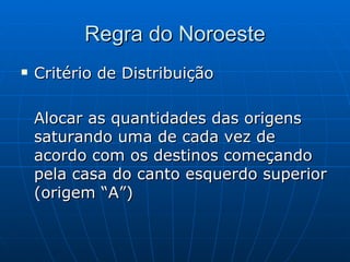 Regra do Noroeste Critério de Distribuição Alocar as quantidades das origens saturando uma de cada vez de acordo com os destinos começando pela casa do canto esquerdo superior (origem “A”) 
