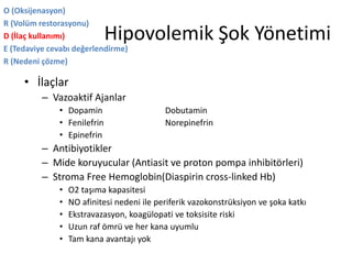 Hipovolemik Şok Yönetimi
• İlaçlar
– Vazoaktif Ajanlar
• Dopamin Dobutamin
• Fenilefrin Norepinefrin
• Epinefrin
– Antibiyotikler
– Mide koruyucular (Antiasit ve proton pompa inhibitörleri)
– Stroma Free Hemoglobin(Diaspirin cross-linked Hb)
• O2 taşıma kapasitesi
• NO afinitesi nedeni ile periferik vazokonstrüksiyon ve şoka katkı
• Ekstravazasyon, koagülopati ve toksisite riski
• Uzun raf ömrü ve her kana uyumlu
• Tam kana avantajı yok
O (Oksijenasyon)
R (Volüm restorasyonu)
D (İlaç kullanımı)
E (Tedaviye cevabı değerlendirme)
R (Nedeni çözme)
 