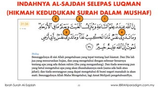 23Ibrah Surah Al-Sajdah www.IBRAHparadigm.com.my
INDAHNYA AL-SAJDAH SELEPAS LUQMAN
(HIKMAH KEDUDUKAN SURAH DALAM MUSHAF)
123
45
 