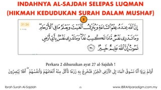 25Ibrah Surah Al-Sajdah www.IBRAHparadigm.com.my
INDAHNYA AL-SAJDAH SELEPAS LUQMAN
(HIKMAH KEDUDUKAN SURAH DALAM MUSHAF)
2
Perkara 2 dihuraikan ayat 27 al-Sajdah !
َ‫ن‬‫و‬ُ ِ‫ﴫ‬ْ‫ﺒ‬ُ‫ﻳ‬ َ‫ﻼ‬َ‫ﻓ‬َ‫أ‬ ۖ ْ‫ﻢ‬ُ‫ﻬ‬ُ‫ُﺴ‬‫ﻔ‬‫ﻧ‬َ‫أ‬َ‫و‬ ْ‫ﻢ‬ُ‫ﻬ‬ُ‫ﻣ‬‫ﺎ‬َ‫ﻌ‬ْ‫ﻧ‬َ‫أ‬ ُ‫ﻪ‬ْ‫ﻨ‬ِ‫ﻣ‬ ُ‫ُﻞ‬‫ﻛ‬ْ‫ﺄ‬َ‫ﺗ‬ ‫ﺎ‬ً‫ﻋ‬ْ‫ر‬َ‫ز‬ ِ‫ﻪ‬ِ‫ﺑ‬ ُ‫ج‬ِ‫ﺮ‬ْ‫ﺨ‬ُ‫ﻨ‬َ‫ﻓ‬ ِ‫ز‬ُ‫ﺮ‬ُ‫ﺠ‬ْ‫ﻟ‬‫ا‬ ِ‫ض‬ْ‫ر‬َ ْ‫اﻷ‬ َ‫ﱃ‬ِ‫إ‬ َ‫ء‬ َ‫ام‬ْ‫ﻟ‬‫ا‬ ُ‫ﻮق‬ُ‫ﺴ‬َ‫ﻧ‬ ‫ﺎ‬‫ﱠ‬‫ﻧ‬َ‫أ‬ ‫ا‬ْ‫و‬َ‫ﺮ‬َ‫ﻳ‬ ْ‫ﻢ‬َ‫ﻟ‬َ‫و‬َ‫أ‬
 