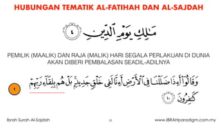 HUBUNGAN TEMATIK AL-FATIHAH DAN AL-SAJDAH
33Ibrah Surah Al-Sajdah www.IBRAHparadigm.com.my
PEMILIK (MAALIK) DAN RAJA (MALIK) HARI SEGALA PERLAKUAN DI DUNIA
AKAN DIBERI PEMBALASAN SEADIL-ADILNYA
1
 