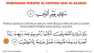 HUBUNGAN TEMATIK AL-FATIHAH DAN AL-SAJDAH
34Ibrah Surah Al-Sajdah www.IBRAHparadigm.com.my
PEMILIK (MAALIK) DAN RAJA (MALIK) HARI SEGALA PERLAKUAN DI DUNIA
AKAN DIBERI PEMBALASAN SEADIL-ADILNYA
2
 