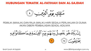 HUBUNGAN TEMATIK AL-FATIHAH DAN AL-SAJDAH
36Ibrah Surah Al-Sajdah www.IBRAHparadigm.com.my
PEMILIK (MAALIK) DAN RAJA (MALIK) HARI SEGALA PERLAKUAN DI DUNIA
AKAN DIBERI PEMBALASAN SEADIL-ADILNYA
4
 