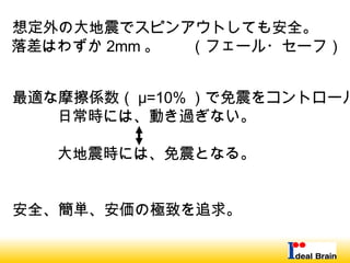 　想定外の大地震でスピンアウトしても安全。
　落差はわずか 2mm 。　　（フェール・セーフ）
　最適な摩擦係数（ μ=10% ）で免震をコントロール
　　　　日常時には、動き過ぎない。
　　　　　　　　　　
　　　　大地震時には、免震となる。
　安全、簡単、安価の極致を追求。
 