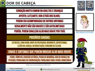 Conheça a Universidade do APH
https://bit.ly/uniaph
Torne-se instrutor(a)
https://bit.ly/academia-ibraph
DOR DE CABEÇA
Fonte: International Federation of Red Cross
Condiçãomuitocomumemadultose crianças
Aperto;latejante;doratrásdosolhos;
Podemseracompanhadasdeoutrossintomas
Geralmentenãosãogravese sãoautolimitadas
Porém,podemsinalizaralgomaisgraveportrás
Possíveiscausas:
Estresse;sonoruim;gripeouresfriado;meningite;hipertermia;
lesãonacabeça;desidratação;consumodeálcool
Sinaise sintomasquepodemindicaralgomaisgrave
FEBRE;VÔMITOS;ERUPÇÃOCUTÂNEA;PERDADEMEMÓRIA;DOROURIGIDEZNO
PESCOÇO;PROBLEMASDECOORDENAÇÃO;PROBLEMASCOMAVISÃO;SONOLÊNCIA
https://illustoon.com/?id=4248
 