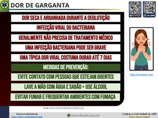Conheça a Universidade do APH
https://bit.ly/uniaph
Torne-se instrutor(a)
https://bit.ly/academia-ibraph
DOR DE GARGANTA
Fonte: International Federation of Red Cross
DORSECAE ARRANHADADURANTEADEGLUTIÇÃO
INFECÇÃOVIRALOUBACTERIANA
GERALMENTENÃOPRECISADETRATAMENTOMÉDICO
UMAINFECÇÃOBACTERIANAPODESERGRAVE
UMATÍPICADORVIRALCOSTUMADURARATÉ7DIAS
MEDIDASDEPREVENÇÃO:
EVITECONTATOCOMPESSOASQUEESTEJAMDOENTES
LAVEAMÃOCOMÁGUAESABÃO+USEÁLCOOL
EVITARFUMARE FREQUENTARAMBIENTESCOMFUMAÇA
https://br.freepik.com/
 