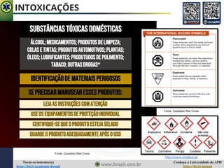 Conheça a Universidade do APH
https://bit.ly/uniaph
Torne-se instrutor(a)
https://bit.ly/academia-ibraph
INTOXICAÇÕES
SUBSTÂNCIASTÓXICASDOMÉSTICAS
Fonte: Canadian Red Cross
ÁLCOOL;MEDICAMENTOS;PRODUTOSDELIMPEZA;
COLASE TINTAS;PRODUTOSAUTOMOTIVOS;PLANTAS;
ÓLEOS;LUBRIFICANTES;PRODUTUDOSDEPOLIMENTO;
TABACO;OUTRASDROGAS*
IDENTIFICAÇÃODE MATERIAISPERIGOSOS
SEPRECISARMANUSEARESSESPRODUTOS:
LEIAASINSTRUÇÕESCOMATENÇÃO
USEOSEQUIPAMENTOSDEPROTEÇÃOINDIVIDUAL
CERTIFIQUE-SEQUEOPRODUTOESTEJASELADO
GUARDEOPRODUTOADEQUADAMENTEAPÓSO USO
Fonte: Canadian Red Cross
https://unece.org/about-gh
 