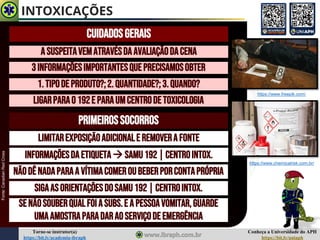 Conheça a Universidade do APH
https://bit.ly/uniaph
Torne-se instrutor(a)
https://bit.ly/academia-ibraph
INTOXICAÇÕES
CUIDADOSGERAIS
ASUSPEITAVEMATRAVÉSDAAVALIAÇÃODACENA
https://www.freepik.com/
3INFORMAÇÕESIMPORTANTESQUEPRECISAMOSOBTER
1.TIPODEPRODUTO?;2.QUANTIDADE?;3.QUANDO?
LIGARPARAO192E PARAUMCENTRODETOXICOLOGIA
PRIMEIROSSOCORROS
LIMITAREXPOSIÇÃOADICIONALE REMOVERA FONTE
INFORMAÇÕESDAETIQUETA→ SAMU192|CENTROINTOX.
NÃODÊNADAPARAA VÍTIMACOMEROUBEBERPORCONTAPRÓPRIA
SIGAASORIENTAÇÕESDOSAMU192|CENTROINTOX.
SENÃOSOUBERQUALFOIASUBS.E A PESSOAVOMITAR,GUARDE
UMAAMOSTRAPARADARAOSERVIÇODEEMERGÊNCIA
https://www.chemicalrisk.com.br/
Fonte:
Canadian
Red
Cross
 