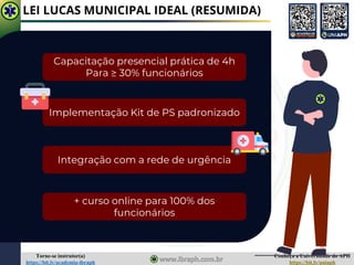 Conheça a Universidade do APH
https://bit.ly/uniaph
Torne-se instrutor(a)
https://bit.ly/academia-ibraph
LEI LUCAS MUNICIPAL IDEAL (RESUMIDA)
Capacitação presencial prática de 4h
Para ≥ 30% funcionários
Implementação Kit de PS padronizado
Integração com a rede de urgência
+ curso online para 100% dos
funcionários
 