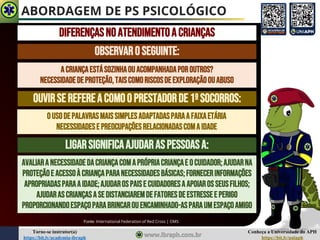 Conheça a Universidade do APH
https://bit.ly/uniaph
Torne-se instrutor(a)
https://bit.ly/academia-ibraph
ABORDAGEM DE PS PSICOLÓGICO
DIFERENÇASNOATENDIMENTOACRIANÇAS
OBSERVAROSEGUINTE:
ACRIANÇAESTÁSOZINHAOUACOMPANHADAPOROUTROS?
NECESSIDADEDEPROTEÇÃO,TAISCOMORISCOSDEEXPLORAÇÃOOUABUSO
OUVIRSEREFEREACOMOOPRESTADORDE1ºSOCORROS:
O USODEPALAVRASMAISSIMPLESADAPTADASPARAAFAIXAETÁRIA
NECESSIDADESEPREOCUPAÇÕESRELACIONADASCOMAIDADE
LIGARSIGNIFICAAJUDARASPESSOASA:
AVALIARANECESSIDADEDACRIANÇACOMAPRÓPRIACRIANÇAE OCUIDADOR;AJUDARNA
PROTEÇÃOE ACESSOÀCRIANÇAPARANECESSIDADESBÁSICAS;FORNECERINFORMAÇÕES
APROPRIADASPARAAIDADE;AJUDAROSPAISE CUIDADORESAAPOIAROSSEUSFILHOS;
AJUDARASCRIANÇASASEDISTANCIAREMDEFATORESDEESTRESSEE PERIGO
PROPORCIONANDOESPAÇOPARABRINCAROUENCAMINHADO-ASPARAUMESPAÇOAMIGO
Fonte: International Federation of Red Cross | OMS
 