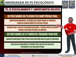 Conheça a Universidade do APH
https://bit.ly/uniaph
Torne-se instrutor(a)
https://bit.ly/academia-ibraph
ABORDAGEM DE PS PSICOLÓGICO
TÉC.DEDESESCALONAMENTOP/ COMPORTAMENTOSVIOLENTOS
OSPRESTADORESDEPS DEVEMTERCOMPETÊNCIASPARA:
INDENTIFICARINDIVÍDUOSESITUAÇÕESQUEPODEMTORNAR-SEPERIGOSAS
DEVIDOAOCOMPORTAMENTEDEOUTRASPESSOAS
Fonte: International Federation of Red Cross
CHAMARAJUDAEAPOIOEXTRAQUANDONECESSÁRIO+ DECIDIRPARAROSCUIDADOS
DEVIDOAUMPERIGOPOTENCIALOUIMINENTE
OSPRESTADORESDEPS PODEMSERTREINADOSPARAISSO:
ABORDARVERBALMENTEUMAPESSOAPARACONSTRUIRUMARELAÇÃODECONFIANÇA
DESESCALARVERBALMENTESITUAÇÕESCOMOOBJETIVODERESOLVER
OUREMOVER-SEDEQUALQUERPERIGO
FIPS
 