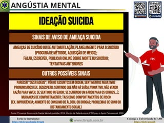 Conheça a Universidade do APH
https://bit.ly/uniaph
Torne-se instrutor(a)
https://bit.ly/academia-ibraph
SINAISDEAVISODEAMEAÇASUICIDA
AMEAÇASDESUICÍDIOOUDEAUTOMUTILAÇÃO;PLANEJAMENTOPARAO SUICÍDIO
(PROCURADEMÉTODOS,AQUISIÇÃODEMEIOS);
FALAR,ESCREVER,PUBLICARONLINESOBREMORTEOUSUICÍDIO;
TENTATIVASANTERIORES
OUTROSPOSSÍVEISSINAIS
PARECER“DIZERADEUS”;PÔROSASSUNTOSEMORDEM;SENTIMENTOSNEGATIVOS
PRONUNCIADOS(EX.DESESPERO;SENTINDOQUENÃOHÁSAÍDA;VINGATIVO;NÃOVENDO
RAZÃOPARAVIVER;SESENTINDOINFERIOR;SESENTINDOUMFARDOPARAOSOUTROS...);
MUDANÇASDECOMPORTAMENTO;TAISCOMOCOMPORTAMENTOSDERISCO
(EX.IMPRUDÊNCIA;AUMENTODECONSUMODEÁLCOOLOU DROGAS;PROBLEMASDESONOOU
DISTANCIAMENTOSOCIAL)
Fonte: Primeiros Socorros de Saúde Mental Austrália, 2014; Centro de Referência da IFRC para o Apoio Psicossocial, 2020
FIPS
ANGÚSTIA MENTAL
IDEAÇÃOSUICIDA
 