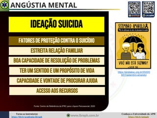 Conheça a Universidade do APH
https://bit.ly/uniaph
Torne-se instrutor(a)
https://bit.ly/academia-ibraph
FATORESDEPROTEÇÃOCONTRAO SUICÍDIO
ESTREITARELAÇÃOFAMILIAR
Fonte: Centro de Referência da IFRC para o Apoio Psicossocial, 2020
BOACAPACIDADEDERESOLUÇÃODEPROBLEMAS
TERUMSENTIDOE UMPROPÓSITODEVIDA
CAPACIDADEE VONTADEDEPROCURARAJUDA
ACESSOAOSRECURSOS
https://sindalesc.org.br/2020/0
9/01/setembro-amarelo/
ANGÚSTIA MENTAL
IDEAÇÃOSUICIDA
 