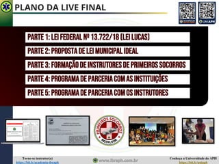 Conheça a Universidade do APH
https://bit.ly/uniaph
Torne-se instrutor(a)
https://bit.ly/academia-ibraph
PLANO DA LIVE FINAL
PARTE1:LEIFEDERALNº13.722/18(LEILUCAS)
PARTE2:PROPOSTADELEIMUNICIPALIDEAL
PARTE3:FORMAÇÃODEINSTRUTORESDEPRIMEIROSSOCORROS
PARTE4:PROGRAMADEPARCERIACOMASINSTITUIÇÕES
PARTE5:PROGRAMADEPARCERIACOMOSINSTRUTORES
 