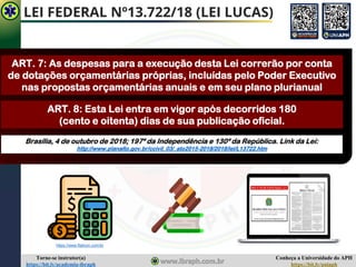 Conheça a Universidade do APH
https://bit.ly/uniaph
Torne-se instrutor(a)
https://bit.ly/academia-ibraph
LEI FEDERAL Nº13.722/18 (LEI LUCAS)
ART. 8: Esta Lei entra em vigor após decorridos 180
(cento e oitenta) dias de sua publicação oficial.
Brasília, 4 de outubro de 2018; 197º da Independência e 130º da República. Link da Lei:
http://www.planalto.gov.br/ccivil_03/_ato2015-2018/2018/lei/L13722.htm
https://www.flaticon.com/br
ART. 7: As despesas para a execução desta Lei correrão por conta
de dotações orçamentárias próprias, incluídas pelo Poder Executivo
nas propostas orçamentárias anuais e em seu plano plurianual
 