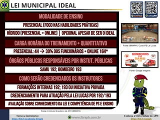 Conheça a Universidade do APH
https://bit.ly/uniaph
Torne-se instrutor(a)
https://bit.ly/academia-ibraph
LEI MUNICIPAL IDEAL
MODALIDADEDEENSINO
PRESENCIAL(FOCONASHABILIDADESPRÁTICAS)
HÍDRIDO(PRESENCIAL+ONLINE)|OPCIONALAPESARDESEROIDEAL
CARGAHORÁRIADOTREINAMENTO+QUANTITATIVO
PRESENCIAL:4H→ 30%DOSFUNCIONÁRIOS+ONLINE16H*
ÓRGÃOSPÚBLICOSRESPONSÁVEISPORINSTUT.PÚBLICAS
SAMU192;BOMBEIRO193
COMOSERÃOCREDENCIADOSOSINSTRUTORES
FORMAÇÕESINTERNAS192;193OUINICIATIVAPRIVADA
CREDENCIAMENTOPARAATUAÇÃOPELALEILUCASPOR192/193
AVALIAÇÃOSOBRECONHECIMENTODALEIE COMPETÊNCIADEPS E ENSINO
Fonte: Google imagens
Fonte: IBRAPH | Curso PS Lei Lucas
Fonte: Instituto Brasileiro de APH (IBRAPH)
 