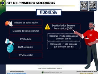 Conheça a Universidade do APH
https://bit.ly/uniaph
Torne-se instrutor(a)
https://bit.ly/academia-ibraph
KIT DE PRIMEIRO SOCORROS
Opcional < 1500 pessoas que
circulam por dia
Máscara de bolso neonatal
BVM neonatal
BVM pediátrico
Obrigatório > 1500 pessoas
que circulam por dia
Máscara de bolso adulto
BVM adulto
Desfibrilador Externo
Automático (DEA)
ITENS DE SBV
Fonte: Instituto Brasileiro de APH (IBRAPH)
FIPS
 