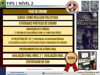 Conheça a Universidade do APH
https://bit.ly/uniaph
Torne-se instrutor(a)
https://bit.ly/academia-ibraph
FiPS | NÍVEL 2
FASEDEENSINO
CURSO:COMOREALIZARPALESTRAS
ATIVIDADESPRÁTICASDEENSINO
GRAVAÇÃODE6vídeos
(1RESUMODECADAMÓDULOCOM2 A5MINCADAVÍDEO)
CERTIFICADODE50H
PREENCHIMENTODERELATÓRIOFINAL
6palestrasde1h|(PRESENCIALOUVIDEOCONFERÊNCIA)
UTILIZAÇÃODESLIDESE CERTIFICADOOFICIASFORNECIDOSPELOIBRAPH
AVALIAÇÃOFINALNÍVEL2|AVALIAÇÃOORAL
Fonte: Instituto Brasileiro de APH (IBRAPH)
50H
Fonte: IBRAPH
 