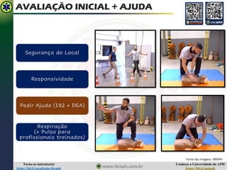 Conheça a Universidade do APH
https://bit.ly/uniaph
Torne-se instrutor(a)
https://bit.ly/academia-ibraph
AVALIAÇÃO INICIAL + AJUDA
Segurança do Local
Responsividade
Pedir Ajuda (192 + DEA)
Respiração
(+ Pulso para
profissionais treinados)
Fonte das imagens: IBRAPH
 