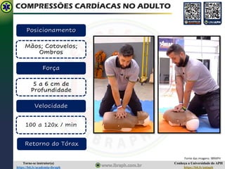 Conheça a Universidade do APH
https://bit.ly/uniaph
Torne-se instrutor(a)
https://bit.ly/academia-ibraph
COMPRESSÕES CARDÍACAS NO ADULTO
Posicionamento
Retorno do Tórax
Fonte das imagens: IBRAPH
Mãos; Cotovelos;
Ombros
Força
5 a 6 cm de
Profundidade
Velocidade
100 a 120x / min
 