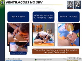Conheça a Universidade do APH
https://bit.ly/uniaph
Torne-se instrutor(a)
https://bit.ly/academia-ibraph
VENTILAÇÕES NO SBV
Boca a Boca
Máscara de Bolso
ou “Pocket Mask”
BVM ou “AMBU”
Fonte das imagens: IBRAPH
Boca a Nariz/Boca
Tamanho neo/ped ou tamanho adulto
em posição invertida
 