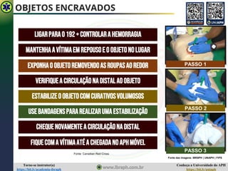 Conheça a Universidade do APH
https://bit.ly/uniaph
Torne-se instrutor(a)
https://bit.ly/academia-ibraph
OBJETOS ENCRAVADOS
LIGARPARAO192+CONTROLARAHEMORRAGIA
MANTENHAAVÍTIMAemrepousoE OOBJETONOLUGAR
EXPONHAOOBJETOREMOVENDOASROUPASAOREDOR
VERIFIQUEA CIRCULAÇÃONADISTALAOOBJETO
ESTABILIZEOOBJETOCOMCURATIVOSVOLUMOSOS
USEBANDAGENSPARAREALIZARUMAESTABILIZAÇÃO
CHEQUENOVAMENTEACIRCULAÇÃONADISTAL
FIQUECOMA VÍTIMAATÉA CHEGADANOAPHMÓVEL
PASSO 1
PASSO 2
PASSO 3
Fonte das imagens: IBRAPH | UNiAPH | FiPS
Fonte: Canadian Red Cross
 