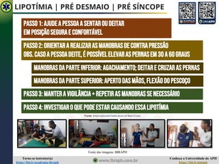 Conheça a Universidade do APH
https://bit.ly/uniaph
Torne-se instrutor(a)
https://bit.ly/academia-ibraph
PASSO1:AJUDEAPESSOAASENTAROUDEITAR
EMPOSIÇÃOSEGURAE CONFORTÁVEL
LIPOTÍMIA | PRÉ DESMAIO | PRÉ SÍNCOPE
PASSO2:ORIENTARAREALIZARASMANOBRASDECONTRAPRESSÃO
OBS.CASOA PESSOADEITE,É POSSÍVELELEVARASPERNASEM30A60GRAUS
PASSO3:MANTERA Vigilância+REPETIRASMANOBRASSENECESSÁRIO
PASSO4:INVESTIGAROQUEPODEESTARCAUSANDOESSALIPOTÍMIA
MANOBRASDAPARTEINFERIOR:AGACHAMENTO;DEITARE CRUZARASPERNAS
MANOBRASDAPARTESUPERIOR:APERTODASMÃOS,FLEXÃODOPESCOÇO
Fonte: International Federation of Red Cross
Fonte das imagens: IBRAPH
 