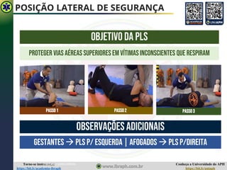 Conheça a Universidade do APH
https://bit.ly/uniaph
Torne-se instrutor(a)
https://bit.ly/academia-ibraph
POSIÇÃO LATERAL DE SEGURANÇA
Objetivo DA PLS
Proteger vias aéreas superiores Em VÍTIMAS INCONSCIENTES QUE RESPIRAM
Imagem: https://slideplayer.com.br/slide/16089050/ - ciências
naturais – porto editora
PASSO1 PASSO2 PASSO3
Observações ADICIONAIS
Gestantes → pls p/ esquerda | AFOGADOS → PLS P/DIREITA
 