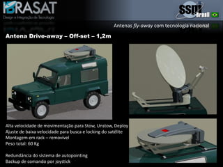 Antenas fly-away com tecnologia nacional
Antena Drive-away – Off-set – 1,2m
Alta velocidade de movimentação para Stow, Unstow, Deploy
Ajuste de baixa velocidade para busca e locking do satélite
Montagem em rack – removível
Peso total: 60 Kg
Redundância do sistema de autopointing
Backup de comando por joystick
 