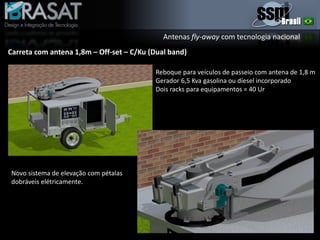 Antenas fly-away com tecnologia nacional
Carreta com antena 1,8m – Off-set – C/Ku (Dual band)
Reboque para veículos de passeio com antena de 1,8 m
Gerador 6,5 Kva gasolina ou díesel incorporado
Dois racks para equipamentos = 40 Ur
Novo sistema de elevação com pétalas
dobráveis elétricamente.
 