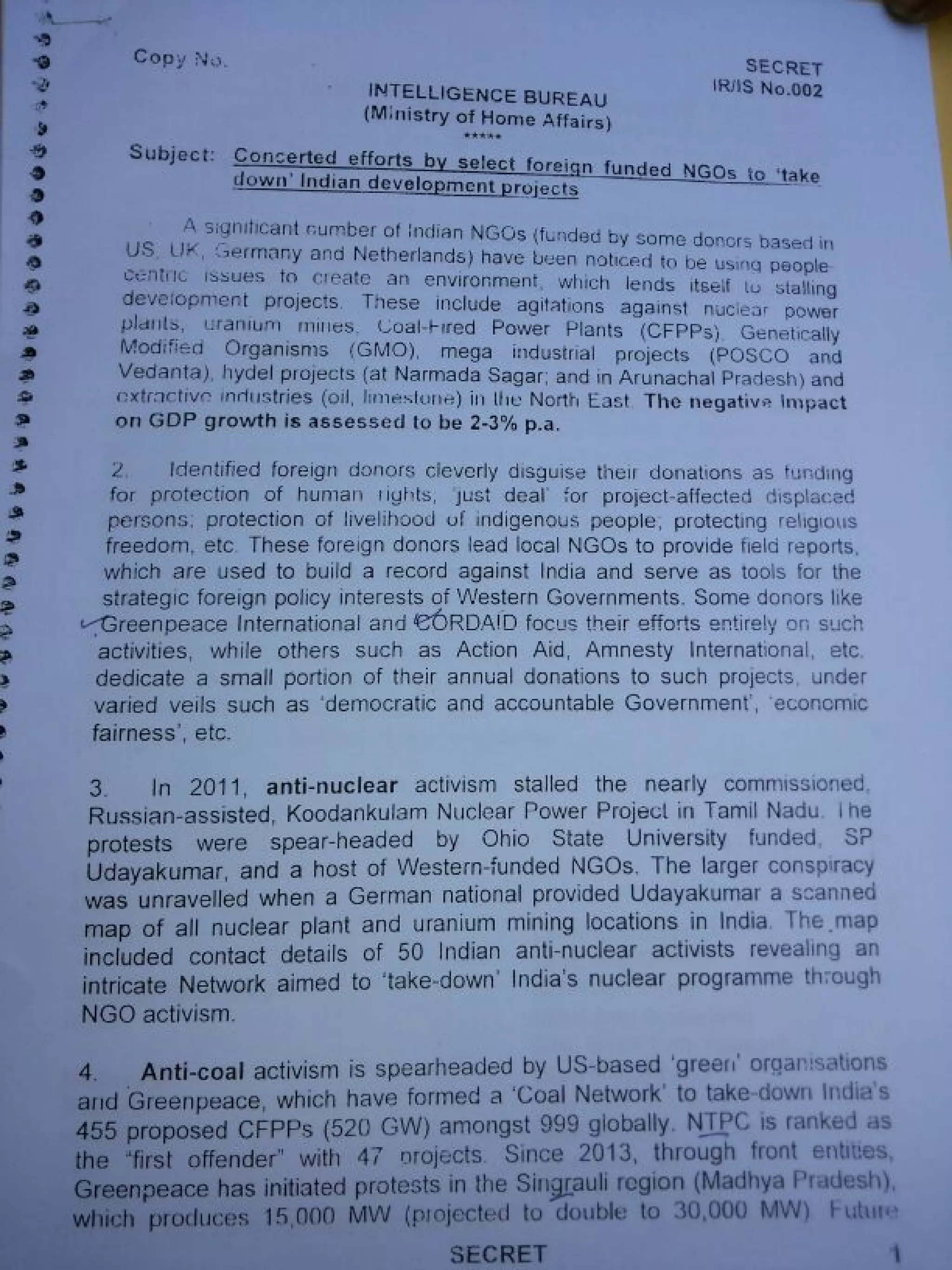 Intelligence Bureau Report On Foreign Funded NGOs' Impact On India's Development.