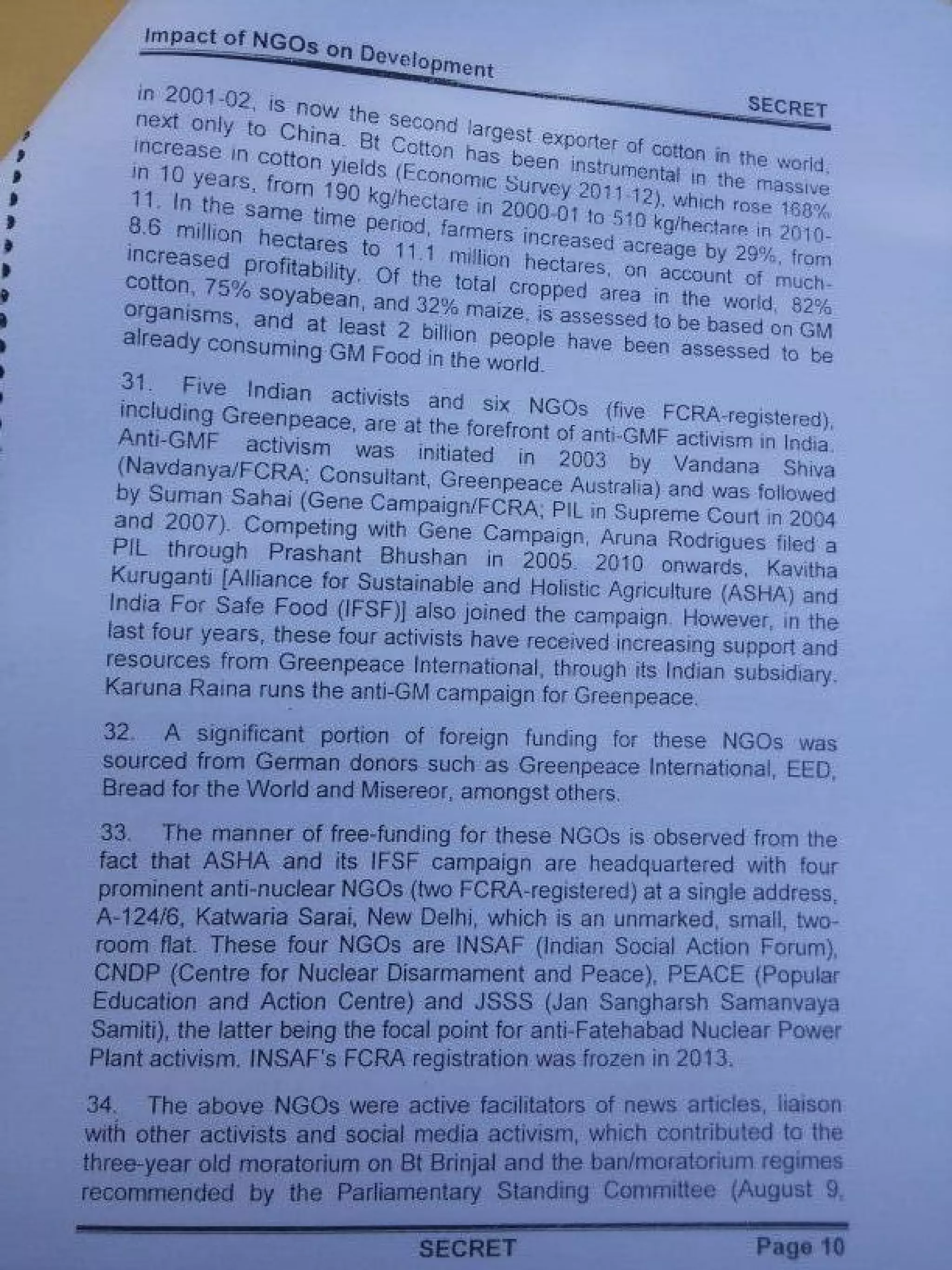 Intelligence Bureau Report On Foreign Funded NGOs' Impact On India's Development.