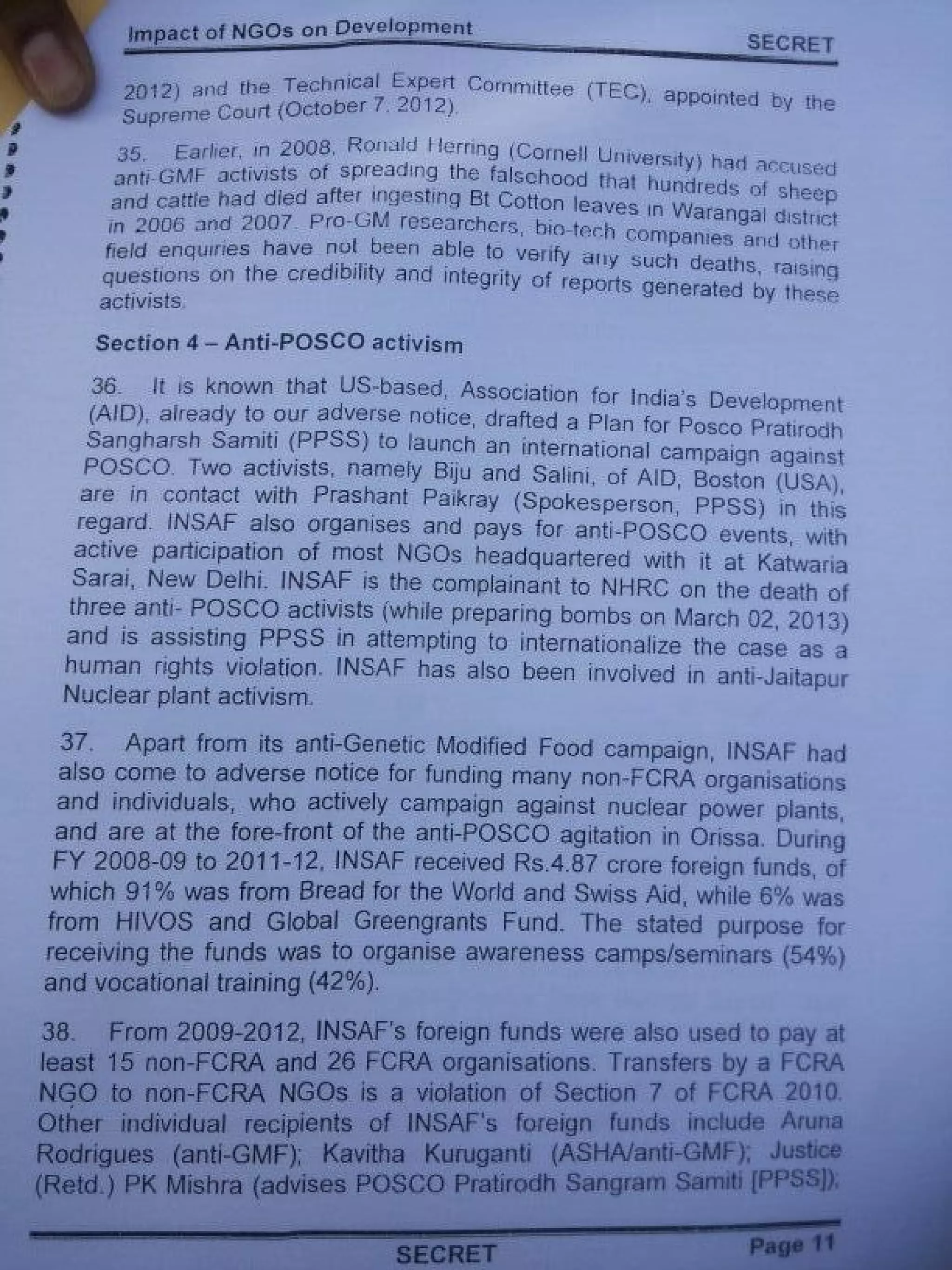 Intelligence Bureau Report On Foreign Funded NGOs' Impact On India's Development.