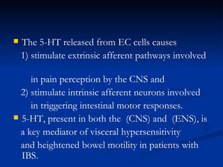 The 5-HT released from EC cells causes 1) stimulate extrinsic afferent pathways involved  in pain perception by the CNS and 2) stimulate intrinsic afferent neurons involved  in triggering intestinal motor responses. 5-HT, present in both the  (CNS) and  (ENS), is  a key mediator of visceral hypersensitivity and heightened bowel motility in patients with IBS. 