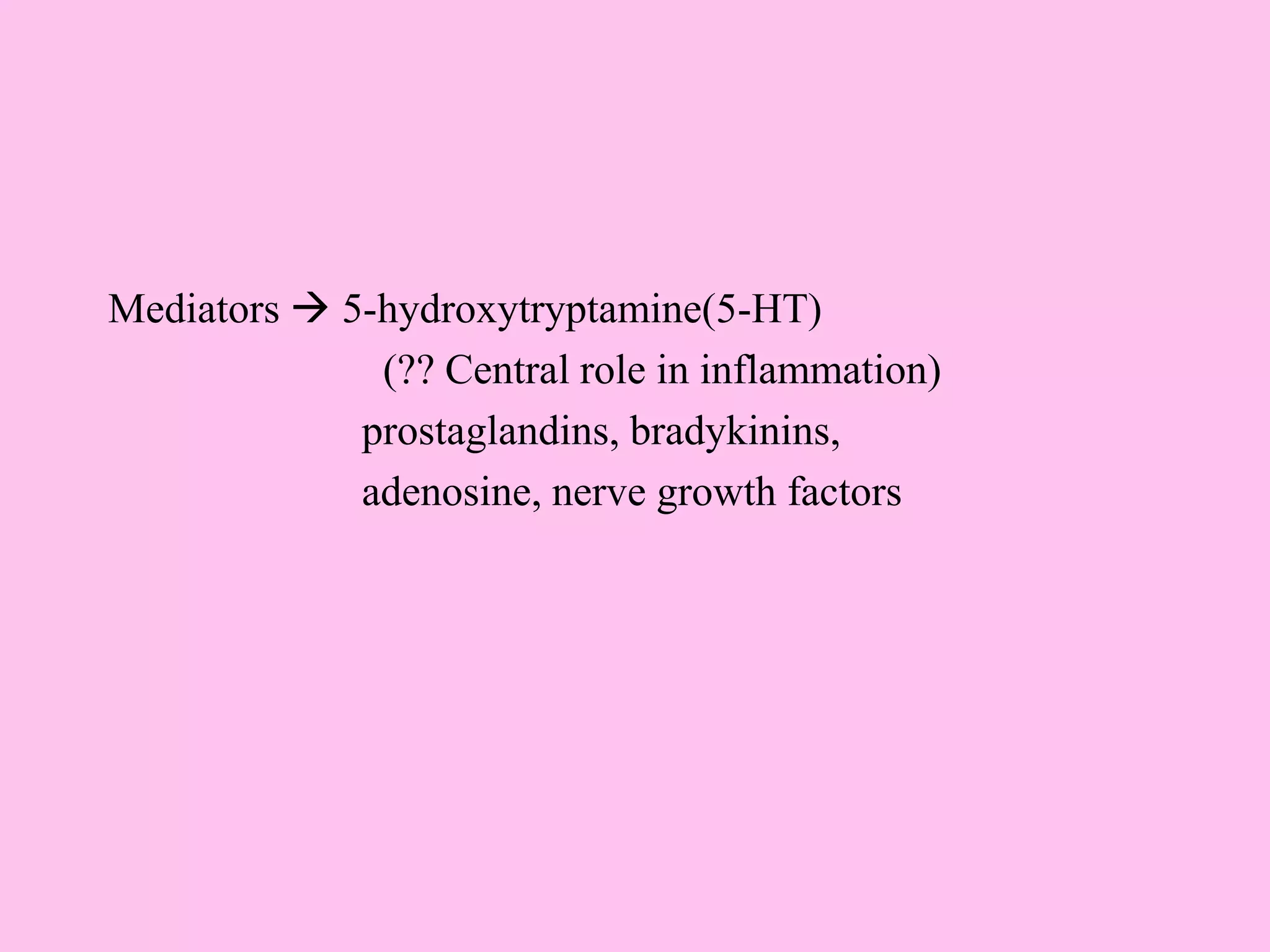 Mediators  5-hydroxytryptamine(5-HT)
(?? Central role in inflammation)
prostaglandins, bradykinins,
adenosine, nerve growth factors
 