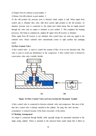 10
2) Output Port (A) referred as port number 2.
3) Return Port (R) referred as port number 3.
At the still position the pressure port is blocked which output is null. When signal from
control unit is obtained then valve shift from current right position to the left position. At
situation, pressure port is connected to the output port which means that air supply passed
through the valve and an output is obtained at port number 2. This completes the braking
processes. The brake is continuously applied till signal from IR receiver is obtained.
When signal from IR receiver is not obtained, then control does not send any signal to the
solenoid valve. Hence solenoid valve automatically comes to right position due springing
action.
5.6 Flow Control Valve
A flow control valve is used to control the amount of flow of air in one direction only. This
valve is used to avoid any disturbances to the compressor. A flow control valve is formed by
a non-return valve and a variable throttle.
(a) (b)
Figure 5.5 Flow Control Valve (a) Cross Section (b) Pneumatic Symbol
A flow control valve is connected in between solenoid valve and compressor. But most of the
time flow control valve is already attached to the cylinder. By using this valve the time
consumption is reduced because of the faster movement of the piston.
5.7 Braking Arrangement
An output is connected through flexible cable specially design for pneumatic operation to the
single acting cylinder. Piston is attached to the universal brake pedal clamp that is fitted on
 