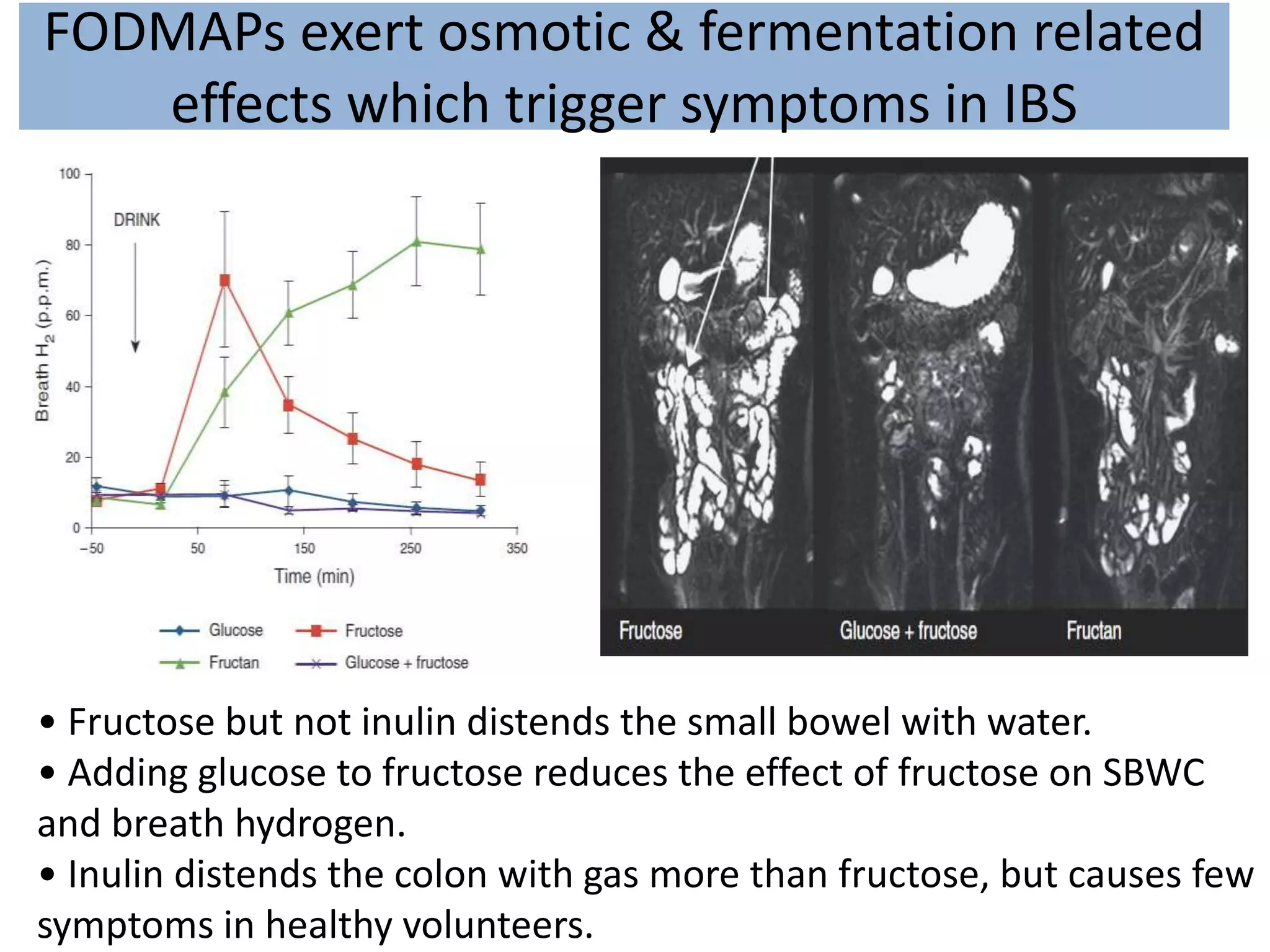 FODMAPs exert osmotic & fermentation related
effects which trigger symptoms in IBS
Murray et al. Am J Gastroeterol 2014;109:110
• Fructose but not inulin distends the small bowel with water.
• Adding glucose to fructose reduces the effect of fructose on SBWC
and breath hydrogen.
• Inulin distends the colon with gas more than fructose, but causes few
symptoms in healthy volunteers.
 