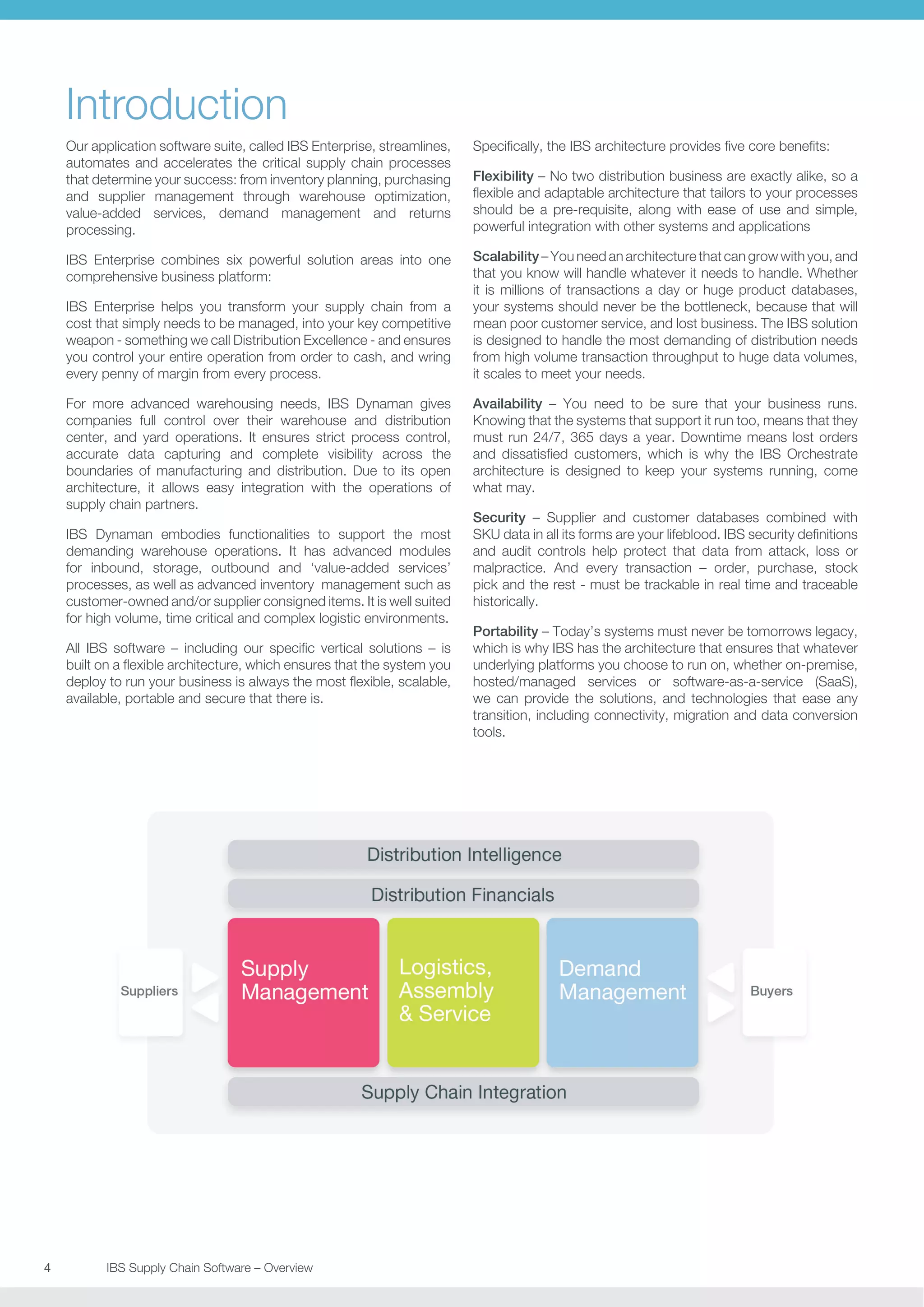 Introduction
Our application software suite, called IBS Enterprise, streamlines,
automates and accelerates the critical supply chain processes
that determine your success: from inventory planning, purchasing
and supplier management through warehouse optimization,
value-added services, demand management and returns
processing.

Specifically, the IBS architecture provides five core benefits:

IBS Enterprise combines six powerful solution areas into one
comprehensive business platform:

Scalability – You need an architecture that can grow with you, and
that you know will handle whatever it needs to handle. Whether
it is millions of transactions a day or huge product databases,
your systems should never be the bottleneck, because that will
mean poor customer service, and lost business. The IBS solution
is designed to handle the most demanding of distribution needs
from high volume transaction throughput to huge data volumes,
it scales to meet your needs.

IBS Enterprise helps you transform your supply chain from a
cost that simply needs to be managed, into your key competitive
weapon - something we call Distribution Excellence - and ensures
you control your entire operation from order to cash, and wring
every penny of margin from every process.
For more advanced warehousing needs, IBS Dynaman gives
companies full control over their warehouse and distribution
center, and yard operations. It ensures strict process control,
accurate data capturing and complete visibility across the
boundaries of manufacturing and distribution. Due to its open
architecture, it allows easy integration with the operations of
supply chain partners.
IBS Dynaman embodies functionalities to support the most
demanding warehouse operations. It has advanced modules
for inbound, storage, outbound and ‘value-added services’
processes, as well as advanced inventory management such as
customer-owned and/or supplier consigned items. It is well suited
for high volume, time critical and complex logistic environments.
All IBS software – including our specific vertical solutions – is
built on a flexible architecture, which ensures that the system you
deploy to run your business is always the most flexible, scalable,
available, portable and secure that there is.

4	
	

IBS Supply Chain Software – Overview

Flexibility – No two distribution business are exactly alike, so a
flexible and adaptable architecture that tailors to your processes
should be a pre-requisite, along with ease of use and simple,
powerful integration with other systems and applications

Availability – You need to be sure that your business runs.
Knowing that the systems that support it run too, means that they
must run 24/7, 365 days a year. Downtime means lost orders
and dissatisfied customers, which is why the IBS Orchestrate
architecture is designed to keep your systems running, come
what may.
Security – Supplier and customer databases combined with
SKU data in all its forms are your lifeblood. IBS security definitions
and audit controls help protect that data from attack, loss or
malpractice. And every transaction – order, purchase, stock
pick and the rest - must be trackable in real time and traceable
historically.
Portability – Today’s systems must never be tomorrows legacy,
which is why IBS has the architecture that ensures that whatever
underlying platforms you choose to run on, whether on-premise,
hosted/managed services or software-as-a-service (SaaS),
we can provide the solutions, and technologies that ease any
transition, including connectivity, migration and data conversion
tools.

 