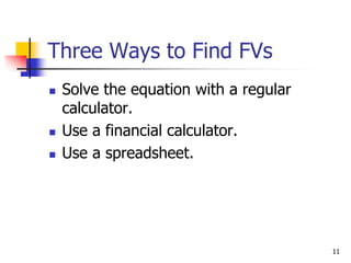 11
Three Ways to Find FVs
 Solve the equation with a regular
calculator.
 Use a financial calculator.
 Use a spreadsheet.
 