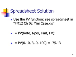 21
Spreadsheet Solution
 Use the PV function: see spreadsheet in
“FM12 Ch 02 Mini Case.xls”
 = PV(Rate, Nper, Pmt, FV)
 = PV(0.10, 3, 0, 100) = -75.13
 
