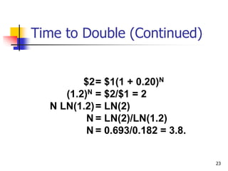 23
Time to Double (Continued)
$2= $1(1 + 0.20)N
(1.2)N = $2/$1 = 2
N LN(1.2)= LN(2)
N = LN(2)/LN(1.2)
N = 0.693/0.182 = 3.8.
 